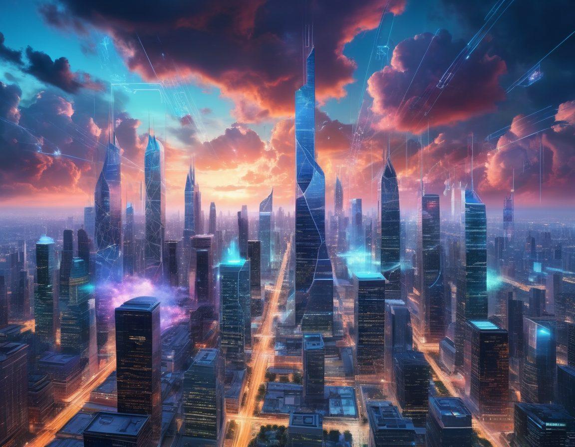 A futuristic cityscape with web networks connecting various modern skyscrapers, symbolizing digital transformation. The buildings are sleek, made of glass and metal, with holographic displays showing innovative web solutions. The backdrop features a vibrant sky with binary codes subtly embedded in the clouds. super-realistic. vibrant colors. tech-themed.
